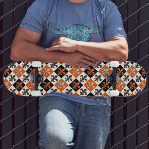 Orange Black White Checkered Fleur-de-lis Design Skateboard