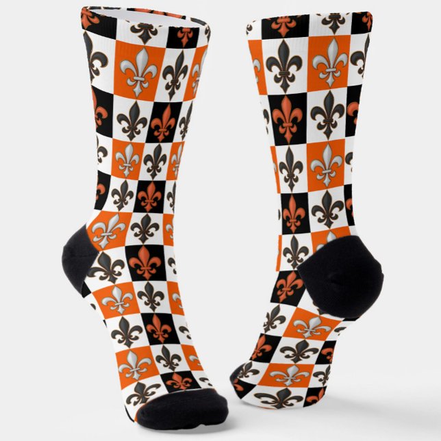 Orange Black White Checkered Fleur-de-lis Design  Socks (Creator Uploaded)