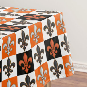 Orange Black White Checkered Fleur-de-lis Design Tablecloth