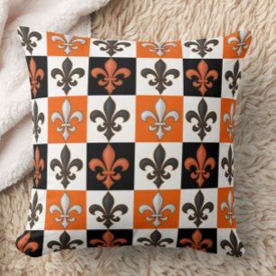 Orange Black White Checkered Fleur-de-lis Design Throw Pillow