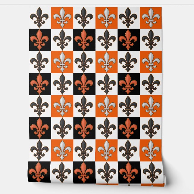Orange Black White Checkered Fleur-de-lis Design  Wallpaper (Unrolling)