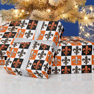 Orange Black White Checkered Fleur-de-lis Design Wrapping Paper