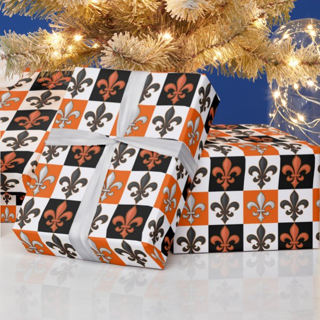 Orange Black White Checkered Fleur-de-lis Design  Wrapping Paper (Creator Uploaded)