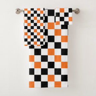 Orange Black White Checkered Pattern Design  Bath Towel Set