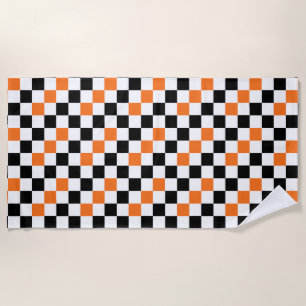 Orange Black White Checkered Pattern Design Beach Towel