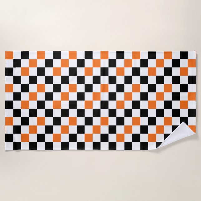 Orange Black White Checkered Pattern Design  Beach Towel (Front)