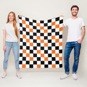Orange Black White Checkered Pattern Design  Fleece Blanket