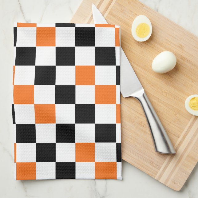 Orange Black White Checkered Pattern Design  Kitchen Towel (Quarter Fold)