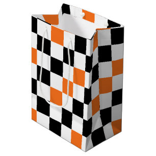 Orange Black White Checkered Pattern Design  Medium Gift Bag