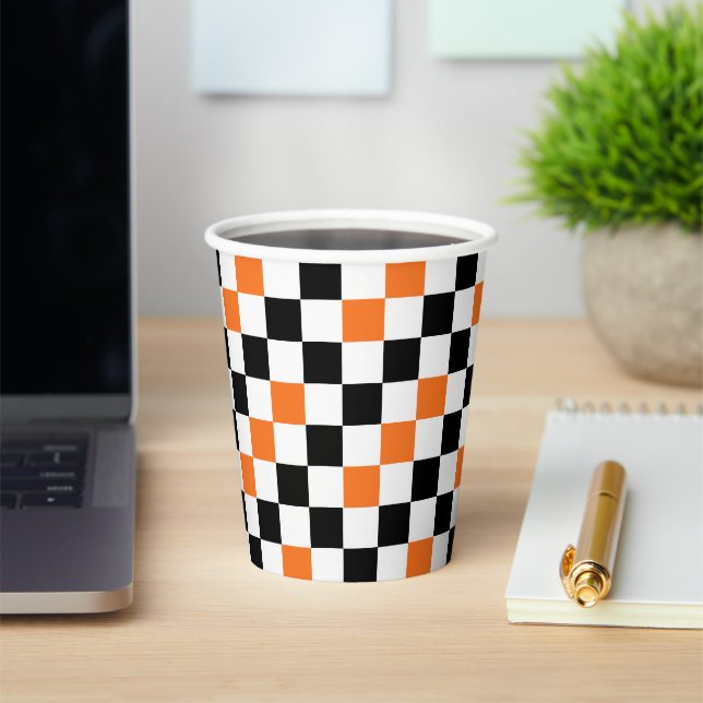 Orange Black White Checkered Pattern Design  Paper Cups (Insitu)