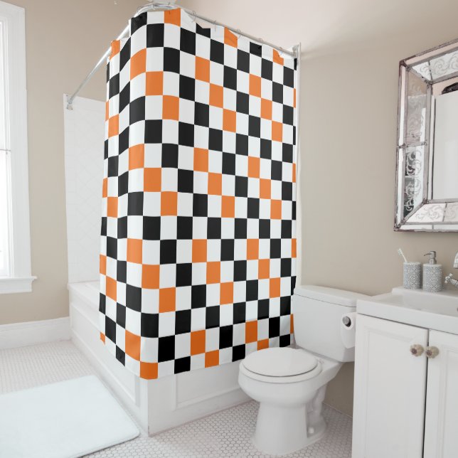 Orange Black White Checkered Pattern Design  Shower Curtain (In Situ)