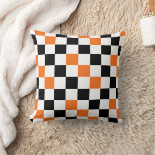 Orange Black White Checkered Pattern Design Throw Pillow