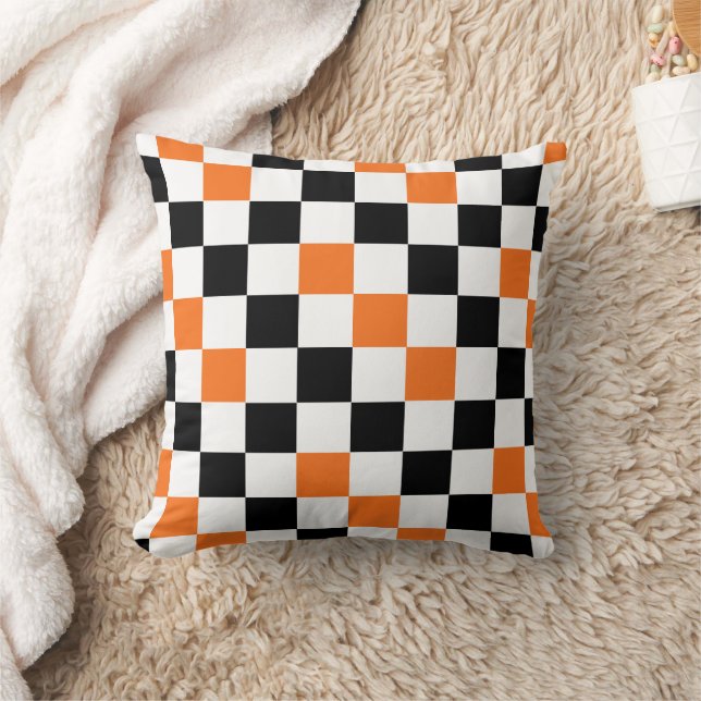 Orange Black White Checkered Pattern Design  Throw Pillow (Blanket)