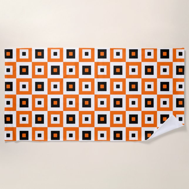 Orange Black White Checkered Squares Pattern Beach Towel (Front)
