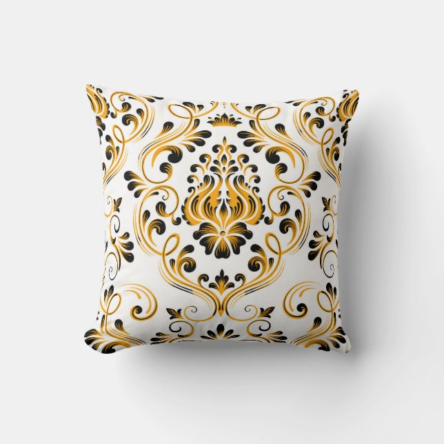 Orange Black White Damask Floral Pattern Elegant  Throw Pillow (Front)