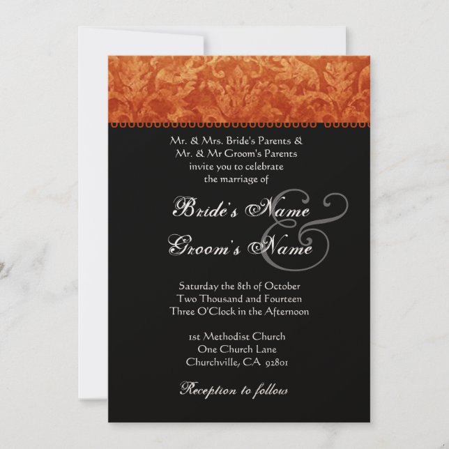 Orange Black White Damask Wedding Invitation (Front)