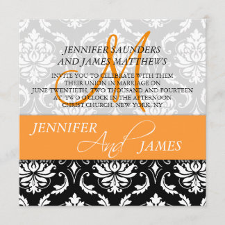 Orange Black White Damask Wedding Invitations