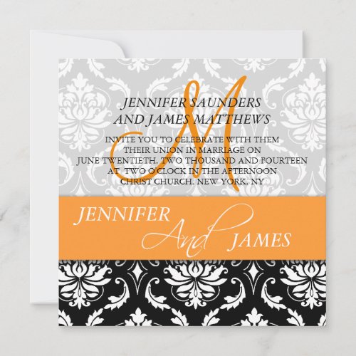 Orange Black White Damask Wedding Invitations
