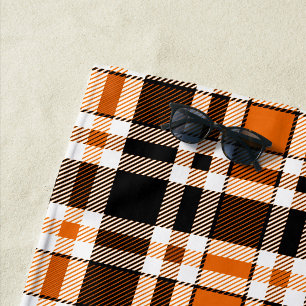 Orange Black White Flannel Tartan Pattern Design Beach Towel