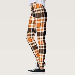 Orange Black White Flannel Tartan Pattern Design  Leggings