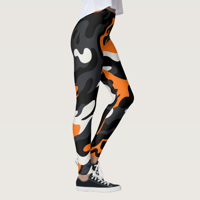 Orange Black White Ghostly Camouflage Camo Pattern Leggings (Right)