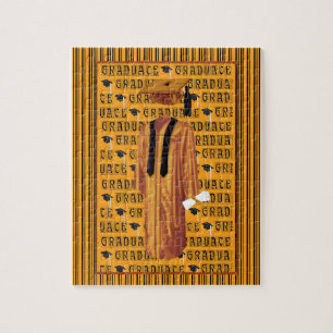 Orange, Black & white Grad Cap, Diploma, Gown Jigsaw Puzzle
