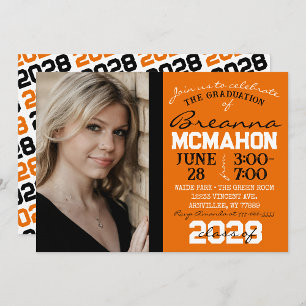 Orange, Black & White Graduation Photo Invitation