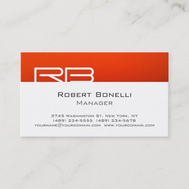 Orange Black White Monogram Manager Business Card (Front)