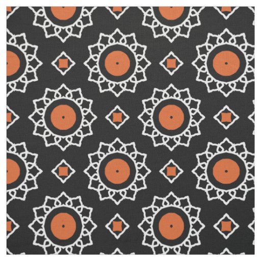 Orange Black White Ornamental Geometric Pattern Fabric