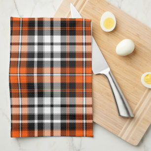 Orange Black White Plaid Tartan Pattern Design Kitchen Towel