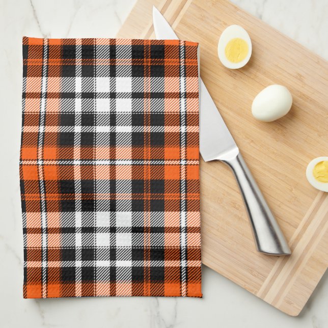 Orange Black White Plaid Tartan Pattern Design  Kitchen Towel (Quarter Fold)