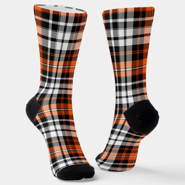 Orange Black White Plaid Tartan Pattern Design  Socks (Angled)