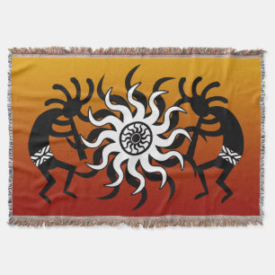 Orange Black White Southwest Design Kokopelli Throw Blanket