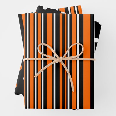 Orange, Black &amp; White Trendy Stripes &amp; Polka Dots Wrapping Paper Sheets