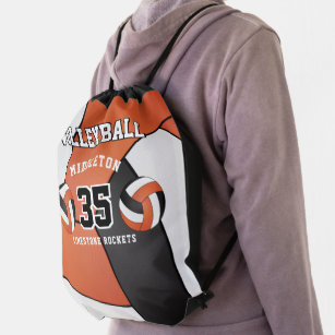 Orange, Black & White Volleyball Sport  Drawstring Bag