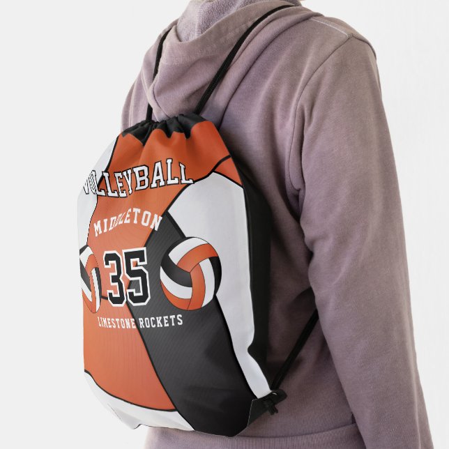 Orange, Black & White Volleyball Sport  Drawstring Bag (Insitu)