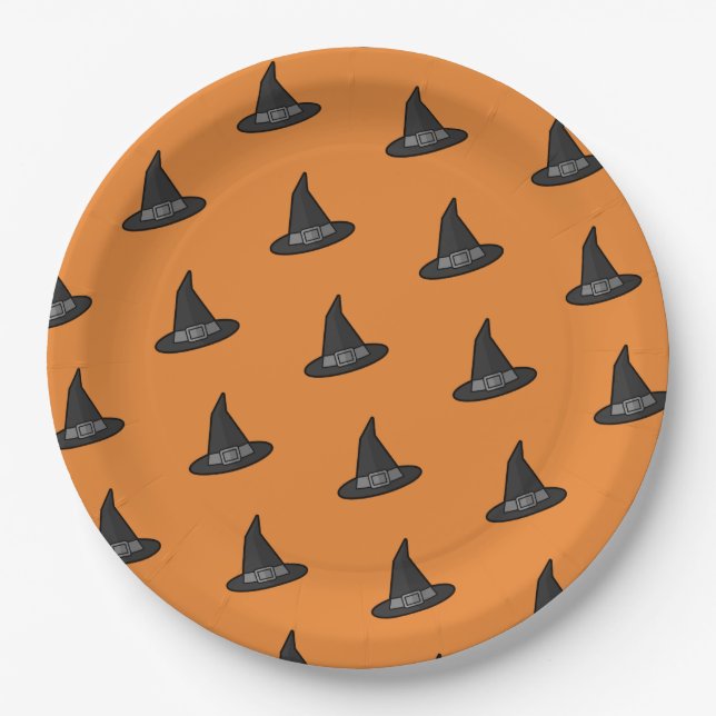 Orange Black Witch Hat Pattern Halloween Party Paper Plates (Front)