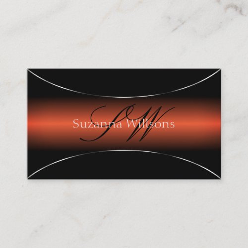 Orange Black with Chic Silver Border and Monogram Business Card