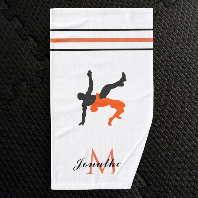 Orange Black Wrestling Fight Custom Name Monogram Hand Towel (Creator Uploaded)