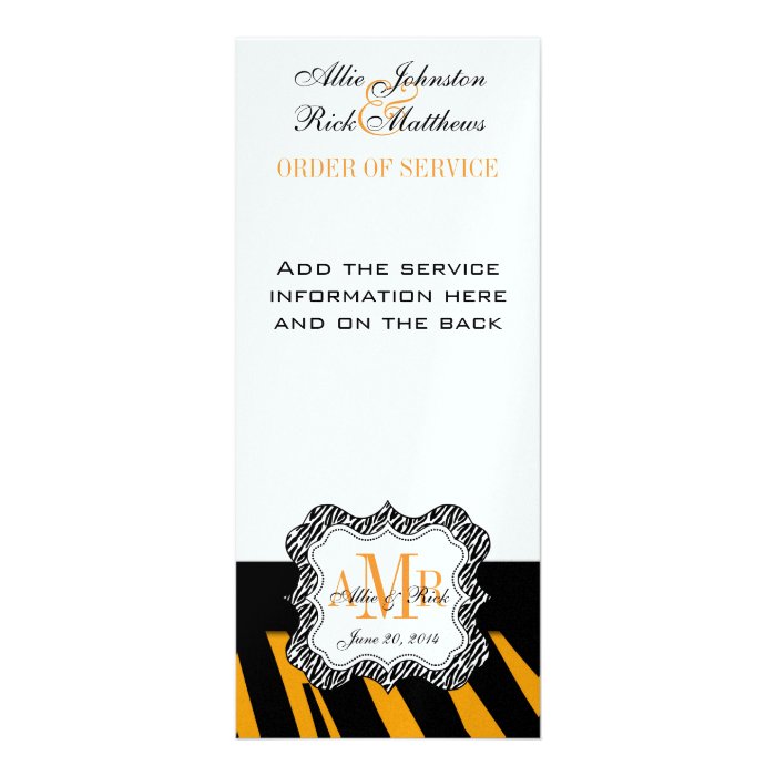 Orange Black Zebra Print Monogram Wedding Program Announcement