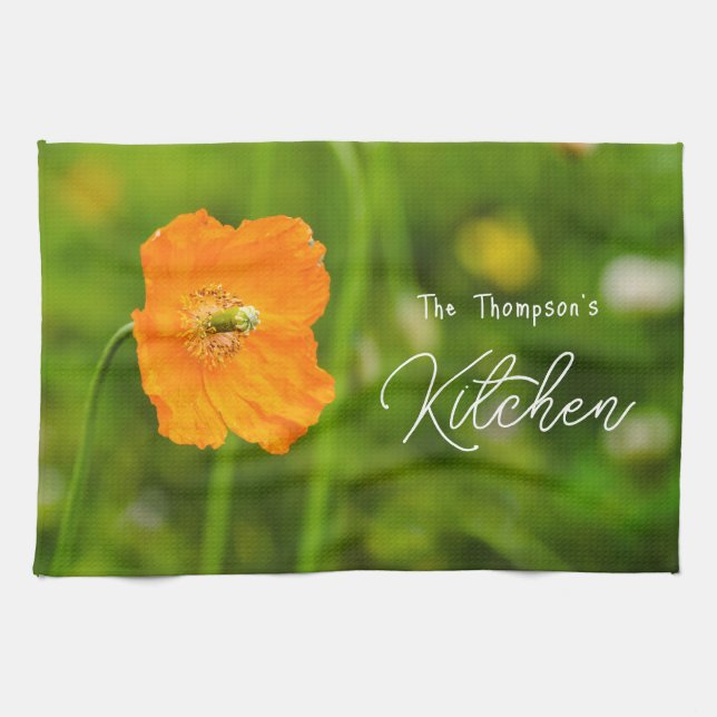 Orange Blooming Poppy Flower On Green Custom Name Kitchen Towel (Horizontal)