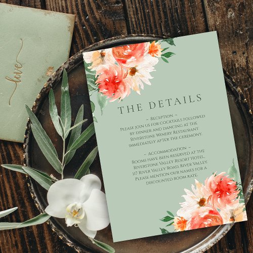 Orange Blooms on Sage Green Wedding Details Enclosure Card