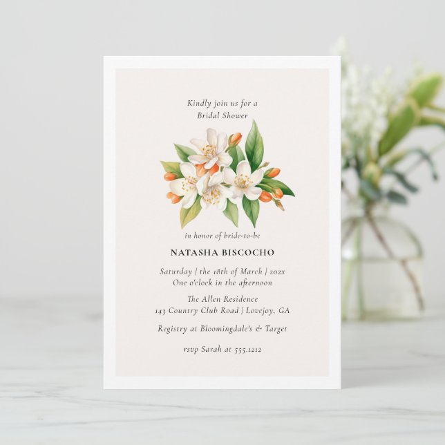 Orange Blossom and Jasmine Bridal Shower Invitation (Standing Front)
