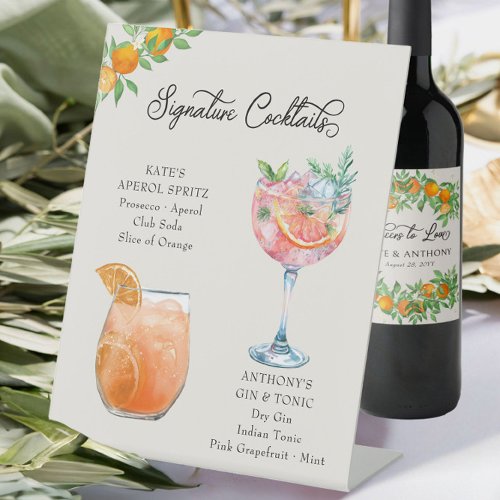 Orange Blossom Bride Groom Cocktails Wedding Bar Pedestal Sign