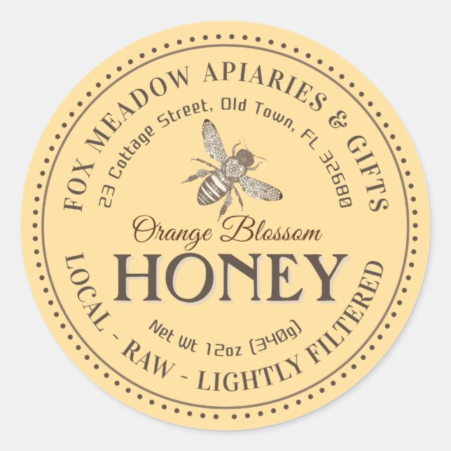 Orange Blossom Honey Flying Bee Dotted Border Classic Round Sticker (Front)