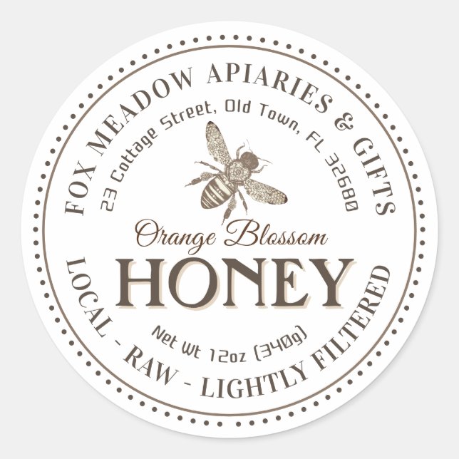 Orange Blossom Honey Flying Bee Dotted Border Classic Round Sticker (Front)