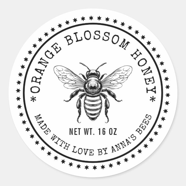 Orange blossom honey label with custom colour bee (Front)
