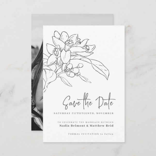 Orange blossom mono photo wedding save the date (Front/Back)