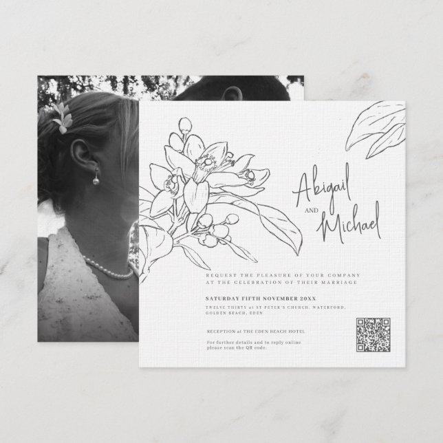 Orange blossom sketch mono photo square wedding invitation (Front/Back)