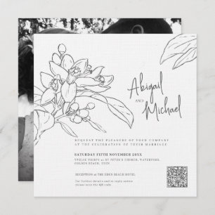 Orange blossom sketch mono photo square wedding invitation